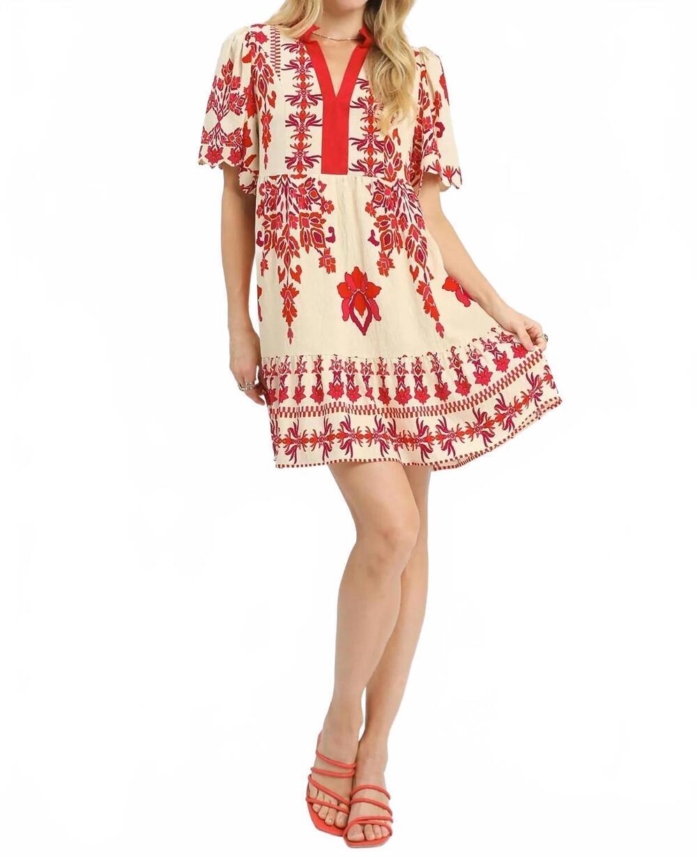 NEW UMGEE tropical damask border print mini dress in raspberry mix